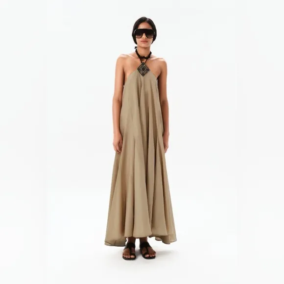 Maria Cher cotton silk neck leather strap braid khaki Halter Maxi Dress M