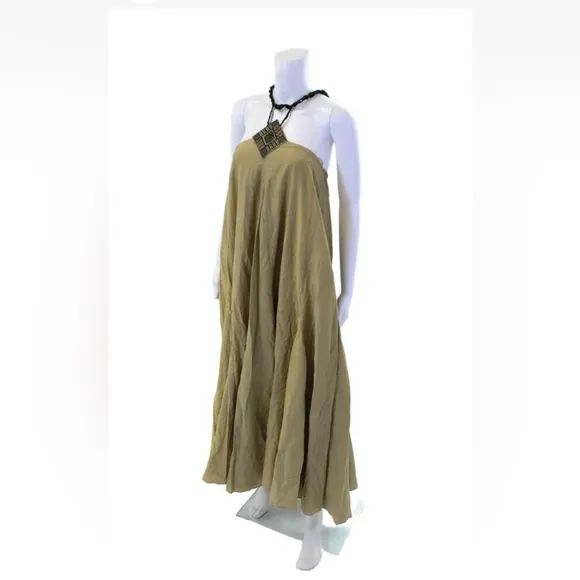 Maria Cher cotton silk neck leather strap braid khaki Halter Maxi Dress M