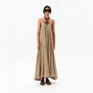 Maria Cher cotton silk neck leather strap braid khaki Halter Maxi Dress M