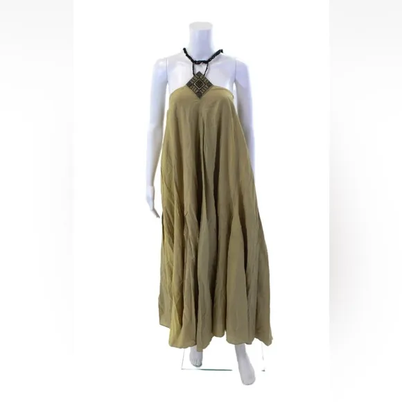 Maria Cher cotton silk neck leather strap braid khaki Halter Maxi Dress M