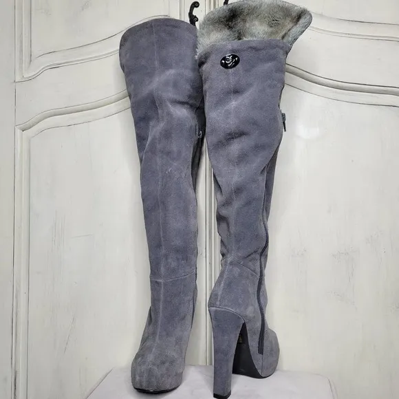 Mariah Carey Suede Faux Fur Thigh High Platform Heel Boots✨️7