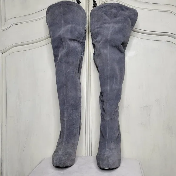 Mariah Carey Suede Faux Fur Thigh High Platform Heel Boots✨️7