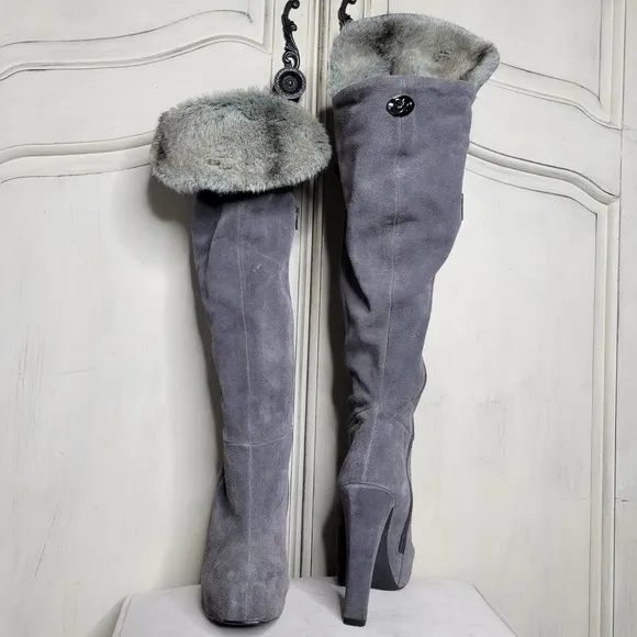 Mariah Carey Suede Faux Fur Thigh High Platform Heel Boots✨️7