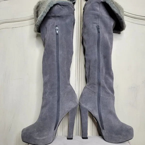 Mariah Carey Suede Faux Fur Thigh High Platform Heel Boots✨️7