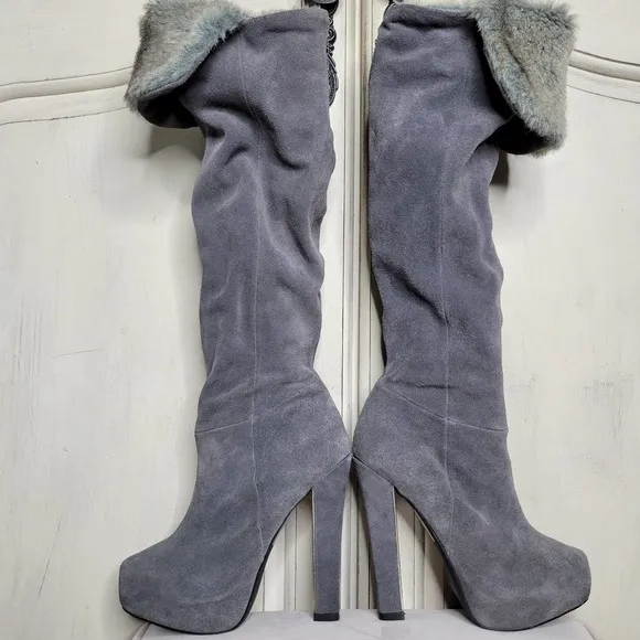 Mariah Carey Suede Faux Fur Thigh High Platform Heel Boots✨️7