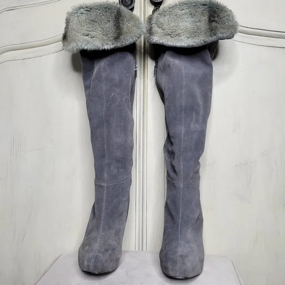 Mariah Carey Suede Faux Fur Thigh High Platform Heel Boots✨️7