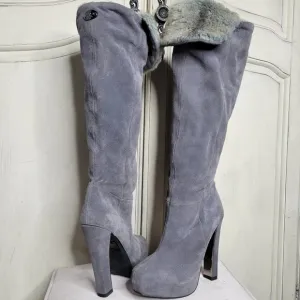 Mariah Carey Suede Faux Fur Thigh High Platform Heel Boots✨️7