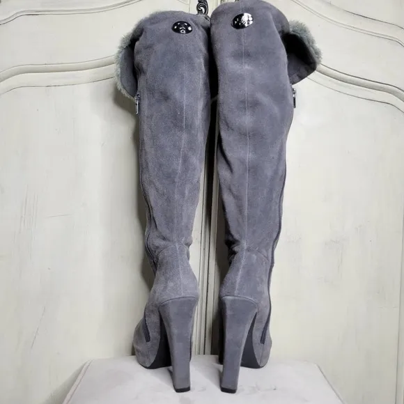 Mariah Carey Suede Faux Fur Thigh High Platform Heel Boots✨️7