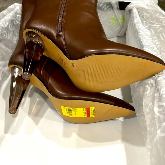 MATEO FOR INC Faux Leather CHARLOTTE Knee-high Boots Clear Heel Brown NIB 🤎❤️‍🔥