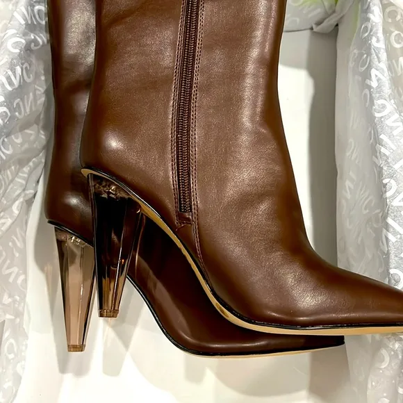MATEO FOR INC Faux Leather CHARLOTTE Knee-high Boots Clear Heel Brown NIB 🤎❤️‍🔥