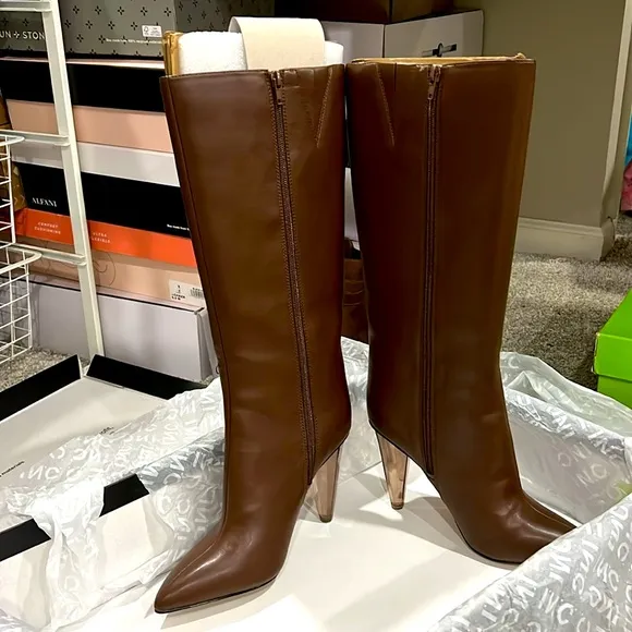 MATEO FOR INC Faux Leather CHARLOTTE Knee-high Boots Clear Heel Brown NIB 🤎❤️‍🔥