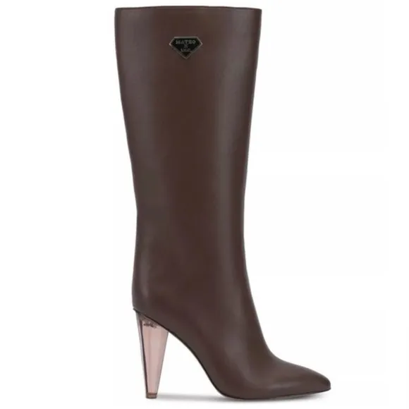 MATEO FOR INC Faux Leather CHARLOTTE Knee-high Boots Clear Heel Brown NIB 🤎❤️‍🔥