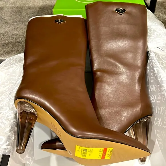 MATEO FOR INC Faux Leather CHARLOTTE Knee-high Boots Clear Heel Brown NIB 🤎❤️‍🔥