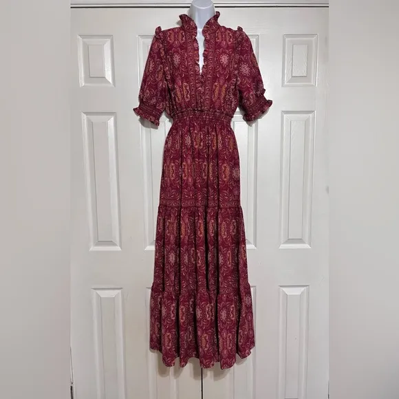 Max Studio Crepe Smocked Waist Ruffle V-Neck Maxi Dress Size Large