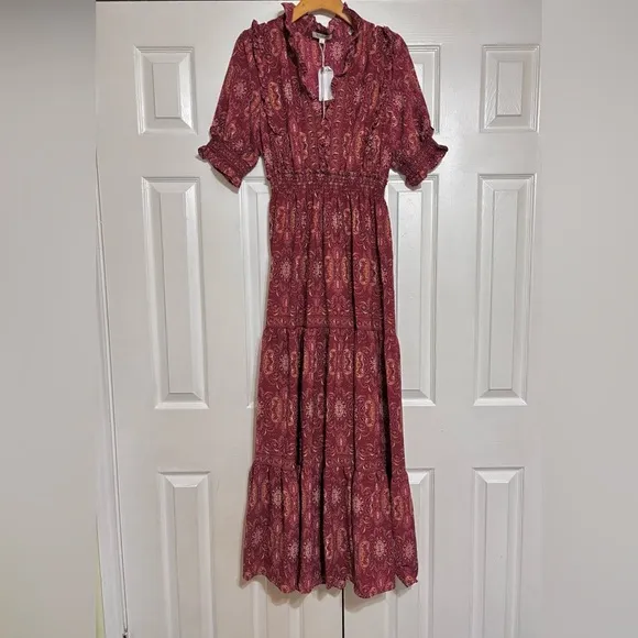 Max Studio Crepe Smocked Waist Ruffle V-Neck Maxi Dress Size Large