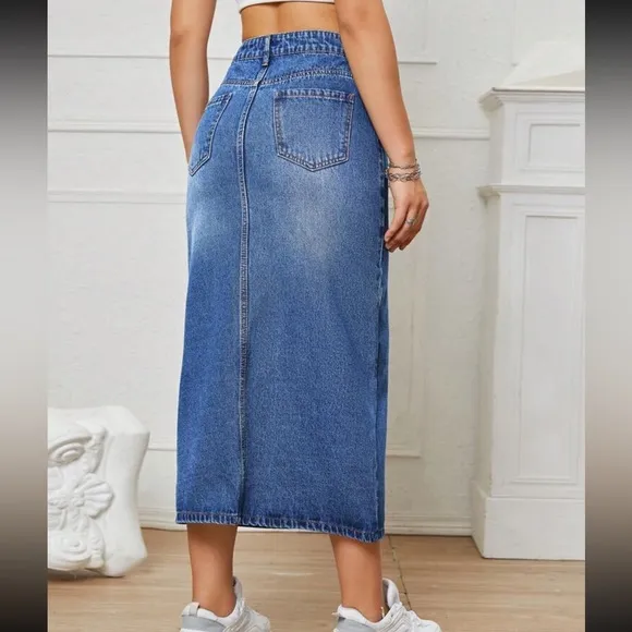 Medium dark wash denim jean midi skirt