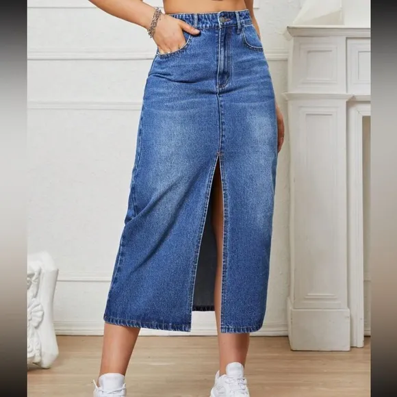 Medium dark wash denim jean midi skirt