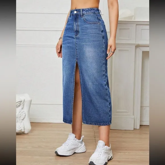 Medium dark wash denim jean midi skirt