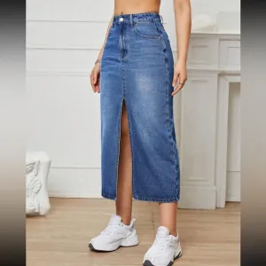 Medium dark wash denim jean midi skirt
