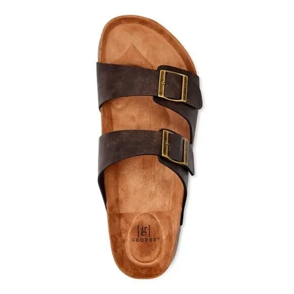 Men's Brown Hip Strap Sandals, Casual Slide-On Style Twin Buckle Accents Size 12