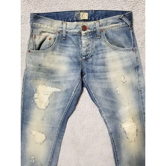 Men's ENERGIE Slim STRAIGHT SELVEDGE DISTRESS Blue‎ Jeans 32 x 34 Made In Italy