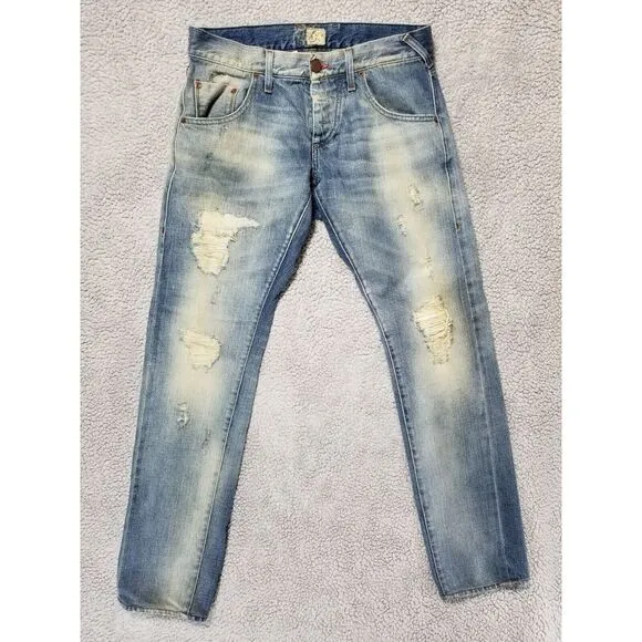 Men's ENERGIE Slim STRAIGHT SELVEDGE DISTRESS Blue‎ Jeans 32 x 34 Made In Italy
