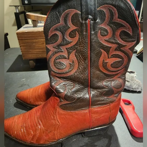 Men's Nocona Red Leather Snake Skin Western Cowboy Boots Size 11