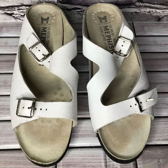 Mephisto White Genuine Leather Wedge Slides Strap Sandals Women’s Sz 42EU/11M US