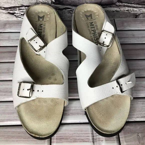 Mephisto White Genuine Leather Wedge Slides Strap Sandals Women’s Sz 42EU/11M US