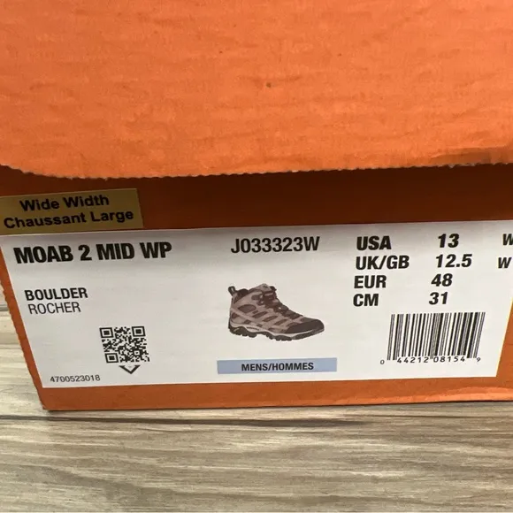 Merrell Moab 2 Mid Boulder Waterproof Hiking Shoes J033323W Men's Size 13W NIB