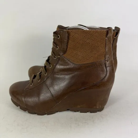 Merrell Wedgetarian Lexi Boot Women 8.5 Brown Leather Wedge Heel Lace-Up Mid Top