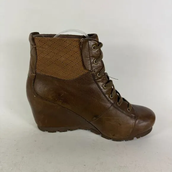 Merrell Wedgetarian Lexi Boot Women 8.5 Brown Leather Wedge Heel Lace-Up Mid Top
