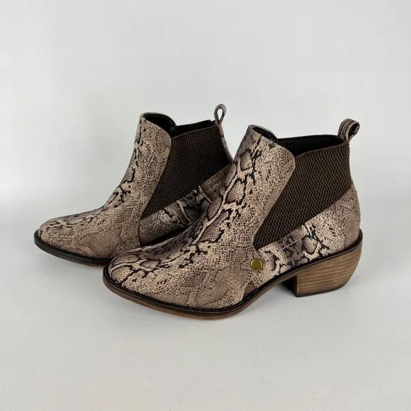 Mia Jaylee Womens Snake Print Faux Suede Ankle Boots Tan Brown Booties size 6