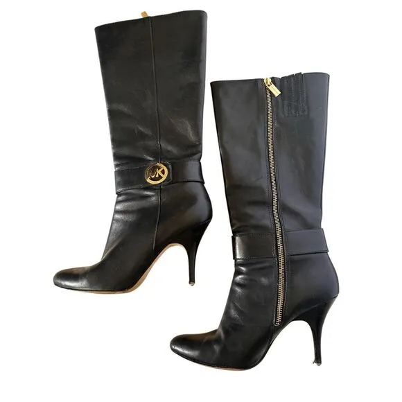 Michael Kors Caroline Black Leather with Gold Hardware Woman Boots Sz 8