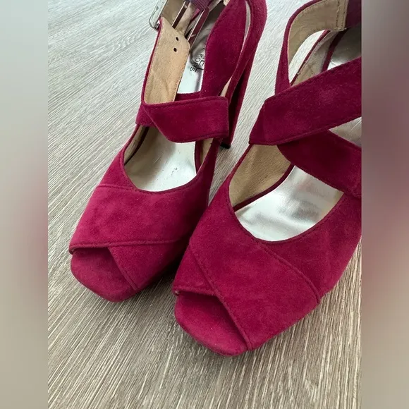 Michael Kors EUC Suede Block Heel Pumps Sandals Shoes Size 8, 38 Burgundy Maroon