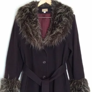 Midnight Velvet Vintage longline wool dress coat with fur trim women's size 14