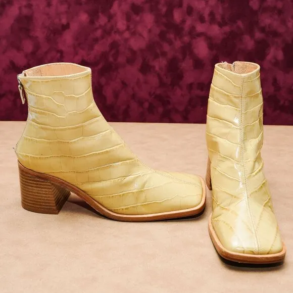 Miista Women Croc Print Beige Leather Back Zip Square Ankle Boots 7.5US EUR38