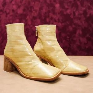 Miista Women Croc Print Beige Leather Back Zip Square Ankle Boots 7.5US EUR38