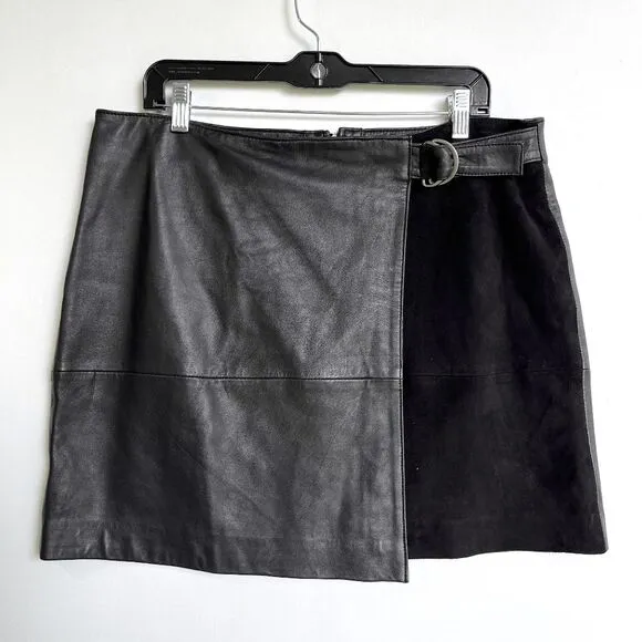 Mint Velvet Black Leather &amp; Suede Crossover Wrap Miniskirt - SZ 12
