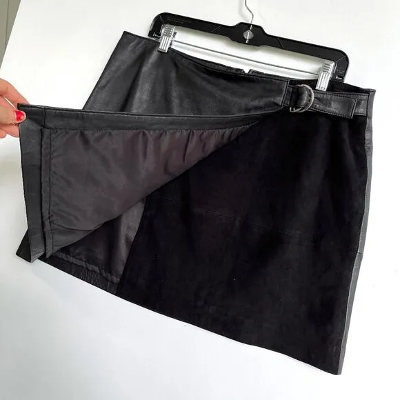 Mint Velvet Black Leather &amp; Suede Crossover Wrap Miniskirt - SZ 12