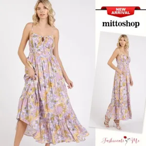 ❤️Mittoshop Floral Pattern Smocked Back Ruffled Hem Maxi Cami Dress | Lavender