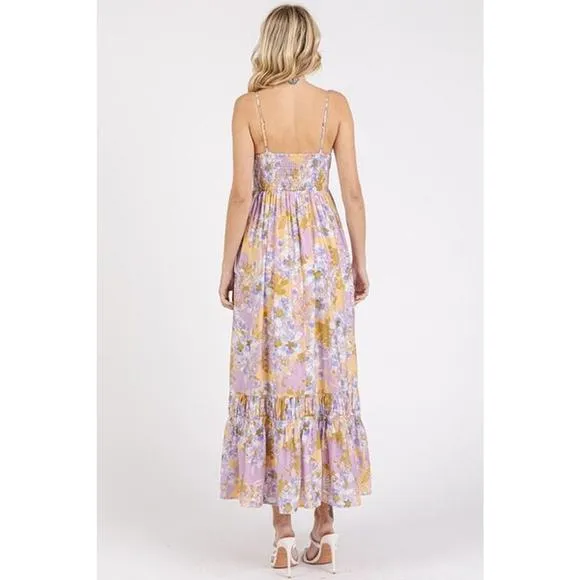 ❤️Mittoshop Floral Pattern Smocked Back Ruffled Hem Maxi Cami Dress | Lavender