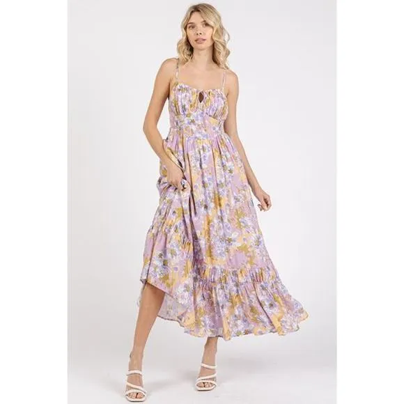 ❤️Mittoshop Floral Pattern Smocked Back Ruffled Hem Maxi Cami Dress | Lavender