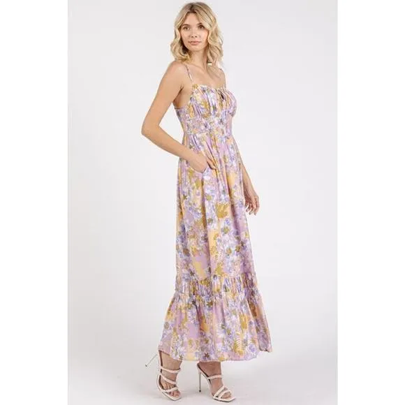 ❤️Mittoshop Floral Pattern Smocked Back Ruffled Hem Maxi Cami Dress | Lavender