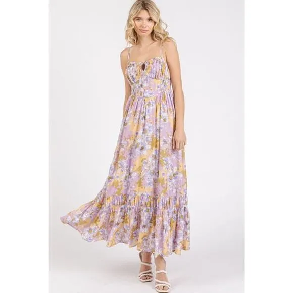 ❤️Mittoshop Floral Pattern Smocked Back Ruffled Hem Maxi Cami Dress | Lavender