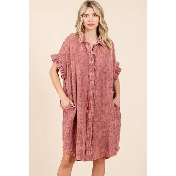❤️Mittoshop Mineral Washed Buttoned Cotton Gauze Pockets Mini Shirt Dress | Rust