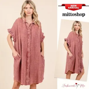 ❤️Mittoshop Mineral Washed Buttoned Cotton Gauze Pockets Mini Shirt Dress | Rust