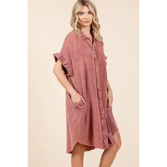 ❤️Mittoshop Mineral Washed Buttoned Cotton Gauze Pockets Mini Shirt Dress | Rust