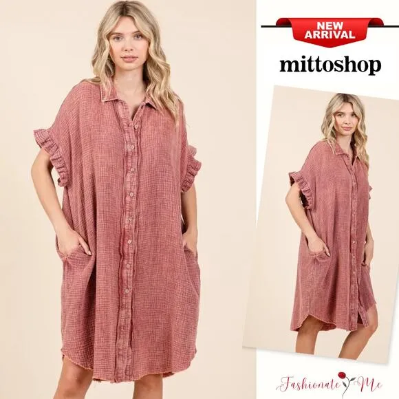 ❤️Mittoshop Mineral Washed Buttoned Cotton Gauze Pockets Mini Shirt Dress | Rust
