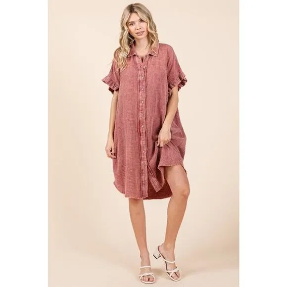 ❤️Mittoshop Mineral Washed Buttoned Cotton Gauze Pockets Mini Shirt Dress | Rust